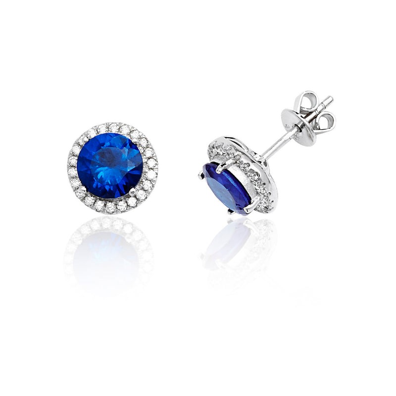 Silver & Co London Sterling Silver Cubic Zirconium and Simulated Sapphire Halo Stud Earrings