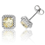 Silver & Co London Sterling Silver Square Yellow Cubic Zirconium Halo Stud Earrings