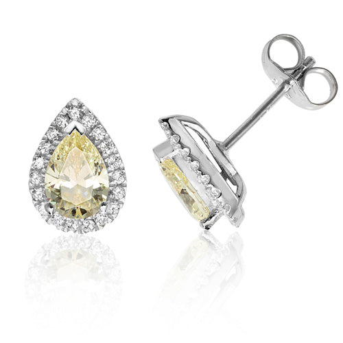 Silver & Co London yellow Pear Cut Cubic Zirconium With Halo Stud Earring