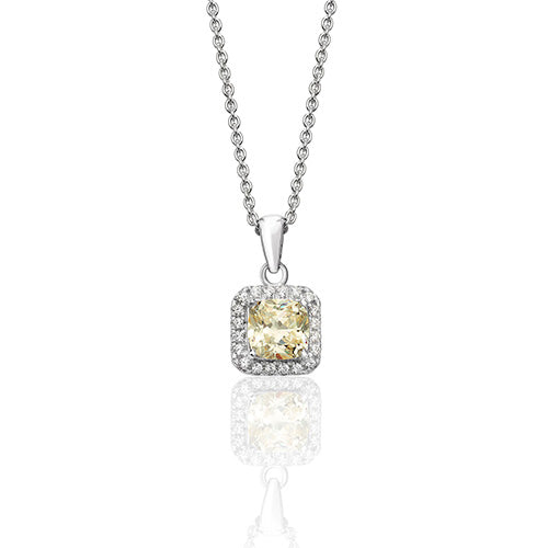 Silver & Co London Sterling Silver Yellow Cubic Zirconium Square Halo Pendant