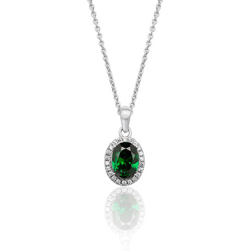 Silver & Co London Sterling Silver Cubic Zirconium And Simulated Emerald Oval Pendant